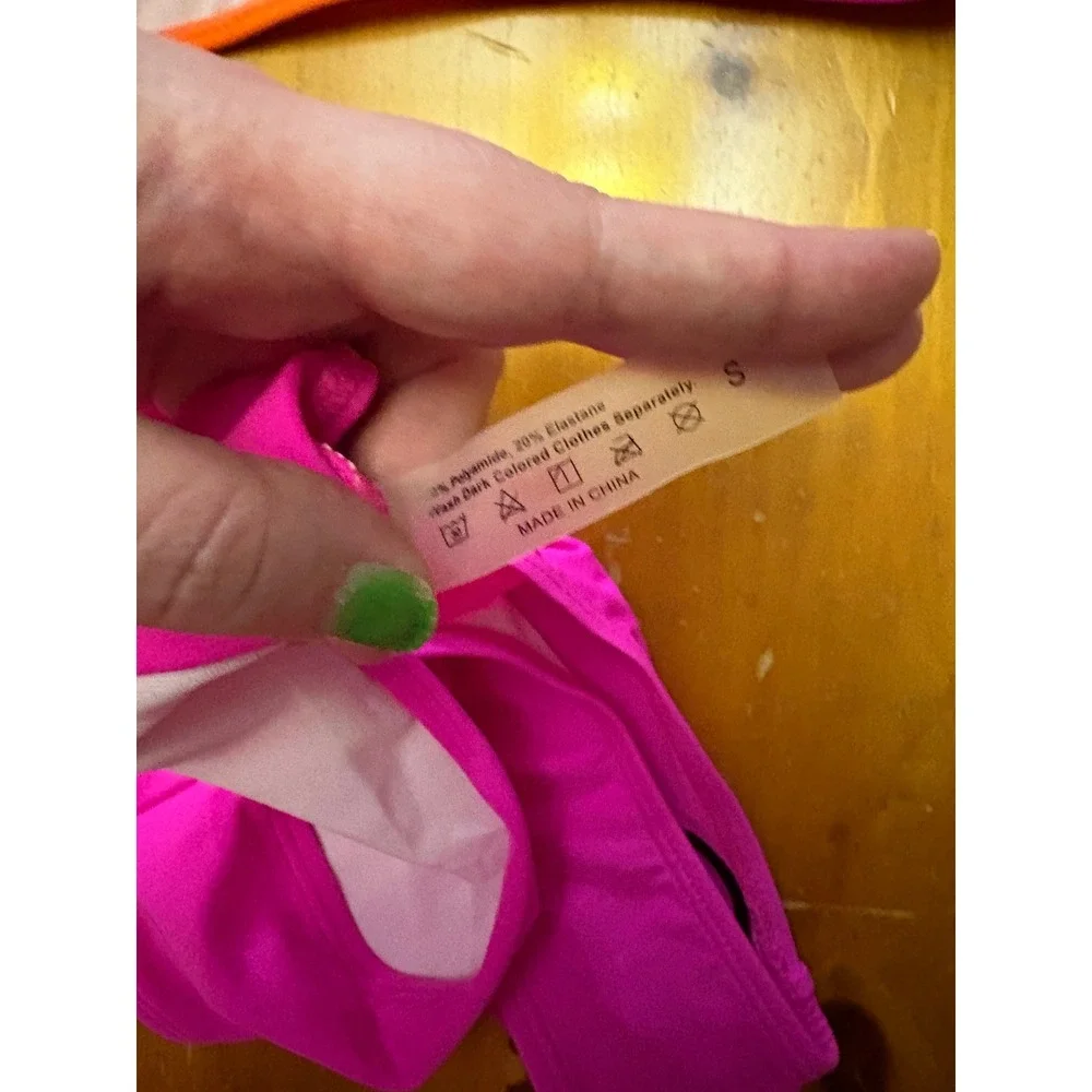 Neon Pink Orange Colorblock One Shoulder Cutout Bikini Set High Waist Small